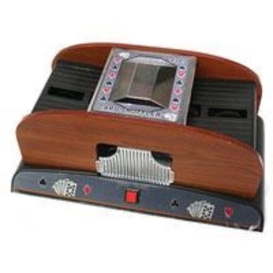 Wood-finish card shuffler for two packs