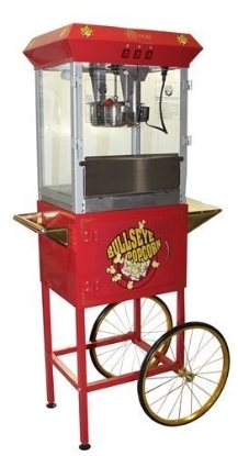 Used red Oscar 8oz popcorn machine with cart - front view