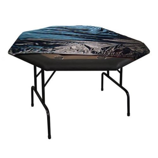 Octagonal poker table with black nylon protective cover