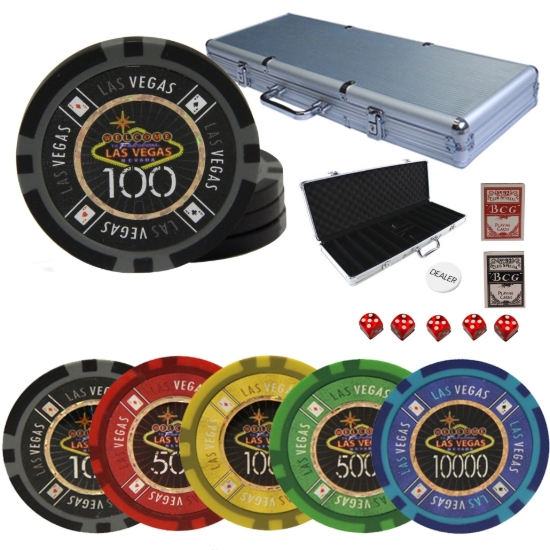Las Vegas poker chips set 500 pieces with aluminum case cards dice and dealer button