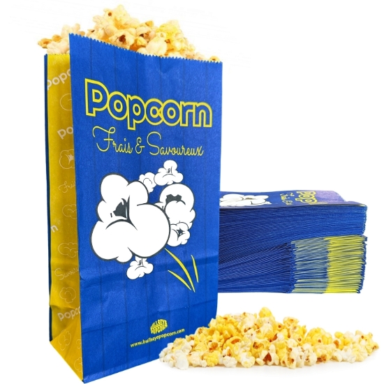 Blue popcorn bag 1.5oz with flat bottom and popcorn