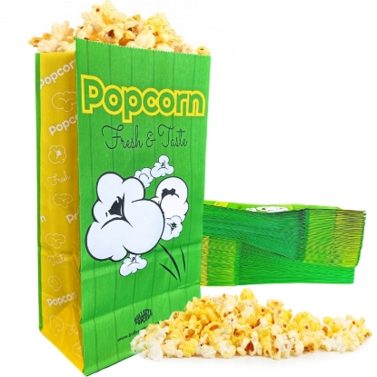 Green popcorn bag 3oz with flat bottom and popcorn
